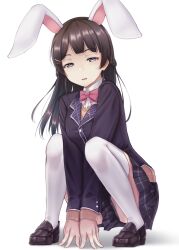 Rule 34 | 1girl, animal ears, arms between legs, black footwear, black hair, black jacket, black skirt, bow, bowtie, braid, buttons, collared shirt, crown braid, full body, grey eyes, hair ornament, hairclip, half-closed eyes, highres, jacket, legs, legs apart, long hair, looking at viewer, meda, nijisanji, open mouth, plaid, plaid skirt, rabbit ears, red bow, red bowtie, school uniform, shadow, shirt, shoes, simple background, skirt, smile, solo, squatting, thighhighs, tsukino mito, tsukino mito (1st costume), virtual youtuber, white background, white shirt, white thighhighs