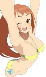 Rule 34 | 10s, 1girl, ;d, accio, armpits, arms up, bad id, bad pixiv id, bikini, breasts, brown eyes, cleavage, cropped legs, foreshortening, halterneck, idolmaster, idolmaster cinderella girls, long hair, medium breasts, one eye closed, open mouth, orange hair, simple background, smile, solo, swimsuit, very long hair, wakabayashi tomoka, wet, white background