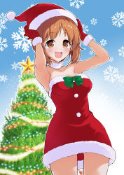 Rule 34 | 1girl, :d, alternate costume, arms up, bare shoulders, blue background, blurry, blurry background, bow, breasts, brown eyes, brown hair, christmas, christmas tree, cleavage, collar, commentary, dress, fur collar, girls und panzer, gloves, gradient background, green bow, hands on own head, hat, highres, looking at viewer, medium breasts, medium hair, nagomiya (shousha), nishizumi miho, open mouth, red dress, red gloves, red hat, santa costume, santa dress, santa gloves, santa hat, short dress, short hair, simple background, smile, snowflake background, solo, standing, star (symbol), strapless, strapless dress, white background, white collar