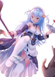 Rule 34 | 1girl, 1other, :d, absurdres, azur lane, bad id, bad pixiv id, bare shoulders, blue hair, blurry, blurry foreground, blush, breasts, broom, cleavage, detached sleeves, dress, garter straps, hair ornament, highres, holding, holding broom, holding tray, large breasts, leg up, long hair, long sleeves, looking at viewer, maid, maid headdress, medium breasts, mirufuaa, neptune (azur lane), no shoes, open mouth, panties, pantyshot, pov, ribbon, simple background, smile, soles, solo, solo focus, thighhighs, tray, two side up, underwear, white background, white thighhighs, yellow eyes