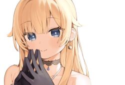 Rule 34 | 1girl, aizawa ema, bare shoulders, black gloves, blonde hair, blue eyes, blush, cat earrings, closed mouth, collarbone, commentary request, gloves, hair between eyes, highres, long hair, looking at viewer, seramikku, simple background, smile, solo, steepled fingers, upper body, virtual youtuber, vspo!, white background