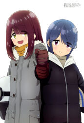 Rule 34 | absurdres, black coat, blue hair, blunt bangs, blush, brown gloves, brown hair, closed mouth, coat, fist bump, gloves, grey coat, grey shirt, helmet, highres, holding, holding helmet, long hair, long sleeves, looking at viewer, magazine scan, megami magazine, motorcycle helmet, official art, open mouth, purple eyes, scan, scarf, shima rin, shirt, sidelocks, simple background, smile, standing, toki ayano, turtleneck, white background, yellow eyes, yellow scarf, yurucamp
