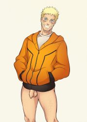 Rule 34 | 1boy, aizenhower, blonde hair, blue eyes, blush, facial hair, flaccid, foreskin, hands in pockets, hood, hood down, hooded jacket, jacket, looking at viewer, male focus, naked jacket, naruto, naruto (series), naruto shippuuden, penis, shirt, short hair, simple background, smile, solo, standing, stubble, teeth, testicles, thick thighs, thighs, uzumaki naruto, white shirt