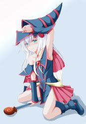 Rule 34 | 1girl, arm up, armpits, bare shoulders, blue eyes, blue footwear, blush, boots, capelet, choker, closed mouth, collarbone, cosplay, dark magician girl, dark magician girl (cosplay), detached sleeves, duel monster, from side, full body, hat, hibiki (kancolle), highres, holding, holding staff, kantai collection, long hair, looking at viewer, looking to the side, off-shoulder shirt, off shoulder, risokaaso (tommy9551), shadow, shirt, showgirl skirt, sidelocks, silver hair, sitting, smile, solo, staff, wariza, wizard hat, yu-gi-oh!