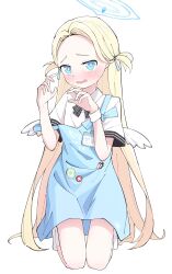 Rule 34 | 1girl, absurdres, apron, badge, black bow, black bowtie, blonde hair, blue apron, blue archive, blue eyes, blue halo, blue ribbon, blush, bow, bowtie, button badge, collared shirt, commentary request, forehead, full body, furrowed brow, hair ribbon, halo, hands up, head tilt, highres, id card, kneeling, long hair, looking at viewer, morphling (artist), open mouth, parted bangs, pen in pocket, ribbon, shirt, short sleeves, simple background, socks, solo, sora (blue archive), straight hair, strap slip, striped bow, striped bowtie, striped clothes, sweatdrop, thick eyelashes, thighs, two side up, very long hair, wavy mouth, white background, white shirt, white socks, white wings, white wristband, wings, wristband