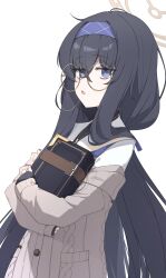 Rule 34 | bags under eyes, black hair, black sweater, blue archive, blue eyes, blue hairband, blue ribbon, book, cardigan, chloette, commentary, crossed bangs, from side, glasses, hair between eyes, hair ribbon, hairband, halo, highres, holding, holding book, jitome, long sleeves, low twintails, off shoulder, open mouth, ribbon, round eyewear, simple background, sleeves past fingers, sleeves past wrists, standing, sweater, turtleneck, turtleneck sweater, twintails, ui (blue archive), upper body, white background