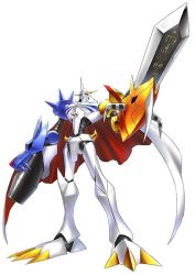 Rule 34 | arm cannon, cannon, cape, digimoji, digimon, digimon (creature), digimon story: cyber sleuth, fusion, horns, monster, no humans, official art, omegamon, royal knights, simple background, solo, sword, weapon, yasuda suzuhito