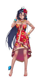 Rule 34 | 1girl, ahoge, anklet, armlet, artwhirl mahou gakuen no otome-tachi, bare legs, barefoot, black hair, bracer, breasts, cleavage, closed mouth, collarbone, dark skin, dark-skinned female, dress, floral print, flower, full body, glowing, hair between eyes, hair flower, hair ornament, hairclip, hand up, hibiscus, highres, jewelry, large breasts, long hair, mana (remana), official art, pink lips, pointy ears, print dress, red dress, red eyes, red flower, ring, smile, solo, standing, straight hair, strapless, strapless dress, sunflower print, very long hair, wristband, yellow flower