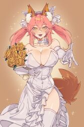 Rule 34 | 1girl, animal ear fluff, animal ears, bouquet, breasts, brown fur, cleavage, dress, elbow gloves, fangs, fate (series), flower, fox ears, fox girl, fox tail, galadysp, gloves, hair between eyes, highres, holding, holding bouquet, large breasts, long hair, open mouth, pink hair, reaching, reaching towards viewer, rose, smile, solo, tail, tamamo (fate), teeth, thighhighs, twintails, upper teeth only, wedding dress, white dress, white thighhighs, yellow eyes, yellow flower, yellow rose