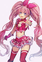 Rule 34 | 10s, bad id, bad pixiv id, blue eyes, bow, cure melody, earrings, frills, heart, highres, houjou hibiki, jewelry, long hair, looking at viewer, magical girl, midriff, pink bow, pink hair, pink theme, precure, ribbon, skirt, smile, solo, suisetsu mizuna, suite precure, thighhighs, twintails, zettai ryouiki