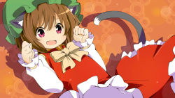 Rule 34 | 1girl, animal ears, bow, brown hair, cat ears, cat girl, cat tail, chen, clenched hands, dress, fang, female focus, hat, open mouth, paw pose, pink eyes, red eyes, short hair, smile, solo, tail, touhou, wara (warapro)