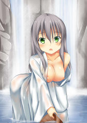 Rule 34 | 1girl, breasts, bucket, green eyes, highres, hoshizuki (seigetsu), nipples, original, robe, silver hair, solo, water, waterfall, wet, wet clothes