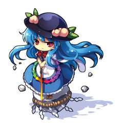 Rule 34 | 1girl, :&gt;, apron, blue hair, blush stickers, bow, capura lin, chibi, dress, female focus, food, fruit, hands on hilt, hat, hinanawi tenshi, keystone, large bow, long hair, lowres, peach, puffy sleeves, red eyes, ribbon, rock, rope, shide, shimenawa, simple background, smile, solo, standing, sword, sword of hisou, touhou, waist apron, weapon