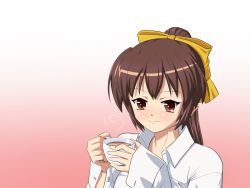 Rule 34 | 1girl, bad id, bad pixiv id, bow, brown hair, cup, gradient background, hair bow, long hair, original, ponytail, shino (pixia), shirt, simple background, sleeves past wrists, smile, solo, teacup