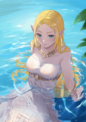 Rule 34 | 1girl, absurdres, arm support, blonde hair, breasts, closed mouth, commentary, day, dress, dscreation (alan dwi29), english commentary, green eyes, highres, jewelry, lake, long hair, looking at viewer, medium breasts, necklace, nintendo, outdoors, parted bangs, partially submerged, pointy ears, princess zelda, ripples, sitting, smile, solo, strapless, strapless dress, the legend of zelda, the legend of zelda: breath of the wild, very long hair, water, wet, white dress
