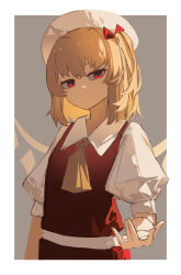 Rule 34 | 1girl, :i, absurdres, blonde hair, border, braid, clynxen, collared shirt, flandre scarlet, grey background, highres, looking at viewer, medium hair, puffy short sleeves, puffy sleeves, red eyes, red vest, shirt, short sleeves, solo, touhou, vest, white border, white headwear, white shirt