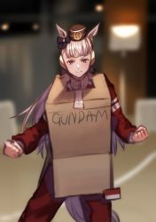 Rule 34 | 1girl, absurdres, animal ears, blurry, blurry background, box, cardboard box, cardboard box gundam, clenched hands, closed mouth, english text, gold ship (umamusume), grey hair, gundam, highres, horse ears, horse girl, horse tail, jacket, looking at viewer, pants, pillbox hat, red jacket, red pants, reon (dainagon azuki), smile, solo, standing, tail, track jacket, track pants, umamusume, v-shaped eyebrows
