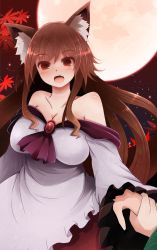 Rule 34 | 2girls, animal ears, arano oki, bare shoulders, breasts, brooch, brown eyes, brown hair, cleavage, collarbone, fang, full moon, holding hands, imaizumi kagerou, jewelry, large breasts, leaf, long hair, long sleeves, maple leaf, moon, multiple girls, night, open mouth, red moon, shirt, skirt, sky, solo focus, tail, touhou, very long hair, wakasagihime, wide sleeves, wolf ears, wolf tail