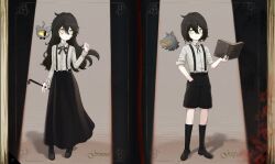 1930s_fashion 1boy 1girl ahoge bags_under_eyes black_bow black_bowtie black_hair black_shoes black_socks blood blood_stain book bow bowtie brother_and_sister commentary crowbar darkness english_commentary eyelashes eyeliner flat_chest full_body gaspar_(grimmivt) grimmi_(vtuber) grimmivt hair_between_eyes highres holding holding_book holding_crowbar holding_weapon indie_virtual_youtuber kneehighs long_sleeves makeup mascara occult open_book pale_skin petite ringed_eyes rope shirt shoes shorts siblings sidelocks skelter_(grimmivt) skirt sleeves_rolled_up socks spotlight suspender_shorts suspender_skirt suspenders virtual_youtuber weapon white_shirt wolf_head yellow_eyes