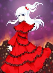 Rule 34 | 1girl, bad id, bad pixiv id, dress, female focus, fire, frills, hair bobbles, hair ornament, highres, long hair, monochro doll, mystic square, open mouth, ougi hina, purple eyes, shinki (touhou), side ponytail, silver hair, smile, solo, touhou, touhou (pc-98)