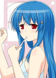 Rule 34 | 1girl, alternate costume, bare shoulders, blue hair, blush, brushing teeth, camisole, cpu (hexivision), food, from side, fruit, hair ornament, hairclip, hinanawi tenshi, long hair, looking at viewer, no headwear, one-hour drawing challenge, peach, red eyes, sidelocks, solo, toothbrush, touhou, upper body