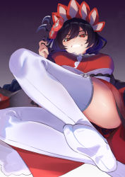 Rule 34 | 1girl, black hair, breasts, happy new year, highres, ilya (princess connect!), japanese clothes, kimono, large breasts, long hair, looking at viewer, new year, panties, princess connect!, red eyes, red panties, shimon (31426784), underwear, white legwear