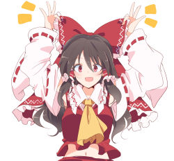 Rule 34 | 1girl, arms up, ascot, blush, bow, brown hair, commentary request, cropped torso, detached sleeves, frilled shirt collar, frills, hair between eyes, hair bow, hair tubes, hakurei reimu, highres, ichimura kanata, long hair, long sleeves, looking at viewer, navel, nontraditional miko, open mouth, red bow, red eyes, ribbon-trimmed sleeves, ribbon trim, simple background, solo, touhou, white background, wide sleeves, yellow ascot
