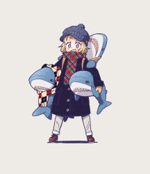 Rule 34 | 1girl, :d, blonde hair, blue eyes, blush, boots, buttons, coat, cross-laced footwear, full body, hat, holding, holding stuffed toy, ikea shark, khakis, knit hat, lace-up boots, laces, long sleeves, meme, mittens, new game!, open mouth, pants, plaid, plaid scarf, sakura nene, scarf, shadow, shoes, simple background, smile, solo, stuffed animal, stuffed shark, stuffed toy, tokunou shoutarou, white background