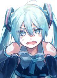 Rule 34 | 1girl, ahoge, angry, aqua eyes, aqua hair, aqua necktie, artist name, bare shoulders, bent over, black skirt, black sleeves, detached sleeves, film grain, foreshortening, grey shirt, hair ornament, hands on own hips, hatsune miku, highres, light blush, long hair, looking at viewer, lower teeth only, mi no take, miniskirt, necktie, open mouth, pleated skirt, shirt, shoulder tattoo, skirt, sleeveless, sleeveless shirt, solo, sweat, tattoo, teeth, twintails, v-shaped eyebrows, very long hair, vocaloid, white background