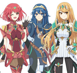 Rule 34 | 3girls, black gloves, blonde hair, bob cut, breasts, chest jewel, dress, earrings, elbow gloves, fingerless gloves, fire emblem, fire emblem awakening, gloves, grin, hand on own hip, highres, jewelry, large breasts, long hair, looking at viewer, lucina (fire emblem), multiple girls, mythra (massive melee) (xenoblade), mythra (xenoblade), nintendo, one eye closed, pantyhose, pantyhose under shorts, pyra (xenoblade), red eyes, red hair, red legwear, red shorts, short dress, short hair, short shorts, shorts, smile, standing, super smash bros., swept bangs, thighhighs, tiara, very long hair, waving, white dress, white gloves, wink, xenoblade chronicles (series), xenoblade chronicles 2, yellow eyes, zyuuyon