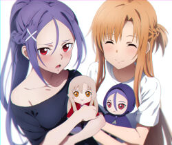Rule 34 | 2girls, asuna (sao), asymmetrical bangs, black shirt, blush, braid, brown hair, character doll, closed eyes, commentary request, doll, embarrassed, facing viewer, french braid, hair ornament, half up half down braid, highres, holding, holding doll, long hair, looking at viewer, multiple girls, nuguri444, off shoulder, ponytail, purple hair, red eyes, shirt, short ponytail, single bare shoulder, smile, sword art online, sword art online progressive, white background, white shirt, x hair ornament