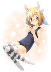 Rule 34 | 1girl, animal ear fluff, animal ears, bare arms, bare shoulders, black one-piece swimsuit, blonde hair, blue bow, blue eyes, blush, bow, closed mouth, collarbone, commentary request, commission, full body, hair bow, hair ornament, hairclip, hands up, highres, no shoes, old school swimsuit, one-piece swimsuit, original, own hands together, school swimsuit, semi-rimless eyewear, shibacha, skeb commission, smile, solo, star (symbol), starry background, striped clothes, striped thighhighs, swept bangs, swimsuit, thighhighs, under-rim eyewear, yellow-framed eyewear