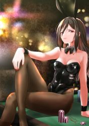 Rule 34 | 1girl, animal ears, black bow, black bowtie, black hair, black leotard, bow, bowtie, breasts, brown pantyhose, bunny day, commentary request, cropped jacket, detached collar, feet out of frame, highres, leotard, long hair, looking at viewer, morag ladair (xenoblade), multicolored hair, nayuta-kanata, pantyhose, playboy bunny, poker chip, rabbit ears, sitting, small breasts, solo, strapless, strapless leotard, table, wrist cuffs, xenoblade chronicles (series), xenoblade chronicles 2