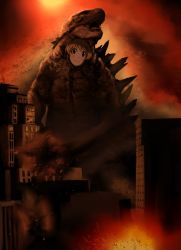 Rule 34 | 1girl, :3, bad id, bad pixiv id, blush, brown eyes, brown hair, city, closed mouth, commentary request, cosplay, costume, debris, destruction, giant, giantess, godzilla, godzilla (2014), godzilla (cosplay), godzilla (monsterverse), godzilla (series), idolmaster, idolmaster cinderella girls, kaijuu, legendary pictures, looking at viewer, monsterverse, moroboshi kirari, rei (rei rr), solo, toho