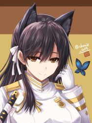 Rule 34 | 1girl, animal ears, atago (azur lane), azur lane, badge, black hair, breasts, brown eyes, bug, butterfly, closed mouth, gloves, hair ribbon, hand up, haura akitoshi, insect, long hair, long sleeves, looking at viewer, medium breasts, military, military uniform, mole, mole under eye, ribbon, shaded face, smile, solo, sword, tsurime, twitter username, two-tone background, uniform, upper body, weapon, white gloves, white ribbon, yellow background