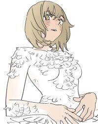 Rule 34 | 1girl, blonde hair, colored skin, dungeon meshi, falin touden, falin touden (chimera), feathers, highres, parted lips, short hair, simple background, solo, spoilers, teeth, topless, uh 5yj, upper body, upper teeth only, white background, white feathers, white skin, yellow eyes