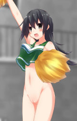 Rule 34 | 1girl, black eyes, black hair, blush, bottomless, bouncing breasts, breasts, cheerleader, chikyuujin a, cleft of venus, empty eyes, gradient background, highres, long hair, no bra, open mouth, original, pom pom (cheerleading), pussy, solo, uncensored