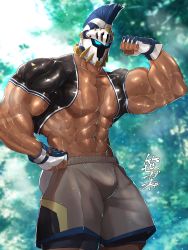 Rule 34 | 1boy, abs, absurdres, another eidos-r, bara, bare pectorals, biceps, blue eyes, blurry, blurry background, clenched hands, covered face, dark-skinned male, dark skin, day, dyne (another eidos), fingerless gloves, flexing, forest, gloves, glowing, glowing eyes, hand on own hip, helmet, highres, kanji, large pectorals, light, light rays, looking at viewer, male focus, manly, mature male, muscular, muscular male, nature, outdoors, pectorals, sasagaki w, scar, scar on arm, scar on chest, shirt, short sleeves, shorts, solo, sparkle, sweat, sweatdrop, thick arms, tight clothes, tree