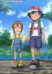 Rule 34 | 1boy, 1girl, age difference, ash ketchum, blue sky, brown eyes, brown hair, child, cloud, creatures (company), crossover, day, digimon, digimon adventure: (2020), game freak, highres, holding hands, looking at another, nintendo, park, pokemon, pokemon (anime), pokemon (creature), pokemon journeys, sexually suggestive, sky, smile, the dark mangaka, tree, walking, yagami hikari