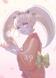 Rule 34 | 1girl, :d, animal print, blonde hair, blush, bow, cat hair ornament, cat print, commentary request, danganronpa (series), danganronpa 2: goodbye despair, dated, from side, green bow, hair bow, hair ornament, hands up, happy, happy birthday, japanese clothes, kimono, large bow, light particles, long hair, nuzi (danron girl), open mouth, orange eyes, orange kimono, saionji hiyoko, smile, solo, teeth, twintails, upper teeth only, wide sleeves, yellow bow