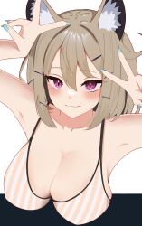 Rule 34 | 1girl, absurdres, animal ear fluff, animal ears, arknights, armpits, arms up, binware, blush, breasts, brown hair, cleavage, collarbone, double v, fang, fingernails, hair ornament, hairclip, highres, large breasts, long fingernails, long hair, nail polish, official alternate costume, purple eyes, simple background, skin fang, smile, solo, utage (arknights), utage (summer flowers) (arknights), v, white background