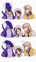 Rule 34 | +++, 1boy, 1girl, :t, arven (pokemon), blush, braid, brown eyes, brown hair, closed mouth, collared shirt, commentary request, creatures (company), eating, food, food on face, game freak, green eyes, grin, hair over one eye, hat, highres, holding, holding food, juliana (pokemon), lettuce, miraidon, musical note, nai gai hongcha, necktie, nintendo, open clothes, open vest, pokemon, pokemon (creature), pokemon sv, sandwich, shirt, smile, vest, yellow vest