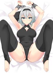 Rule 34 | 1girl, black hairband, black leotard, black thighhighs, blue eyes, blush, bound, breasts, cameltoe, cleft of venus, closed mouth, commentary request, covered navel, cuffs, full body, grey hair, groin, hairband, highres, konpaku youmu, large breasts, leotard, looking at viewer, lying, on back, restrained, shackles, short hair, solo, stirrup legwear, suiu shinotsuku, thighhighs, toeless legwear, touhou, variant set