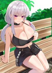 Rule 34 | 1girl, absurdres, bare shoulders, bench, black camisole, black shorts, blush, breasts, bush, byte-artist, camisole, choker, cleavage, clothes pull, collarbone, fate/grand order, fate (series), hair ribbon, highres, kama (fate), kama (tour outfit) (fate), large breasts, long hair, looking at viewer, low twintails, navel, nipple slip, nipples, red eyes, ribbon, short shorts, shorts, sidelocks, sitting, smile, solo, thighs, twintails, white hair