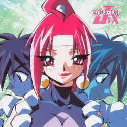 Rule 34 | 1990s (style), 1girl, 2boys, bare shoulders, bloodberry, bodysuit, character request, earrings, high ponytail, japanese clothes, jewelry, lipstick, logo, long hair, looking at viewer, makeup, mamiya otaru, multiple boys, official art, ponytail, red eyes, red hair, retro artstyle, saber marionette j, shaded face, smile, spiked hair, very long hair