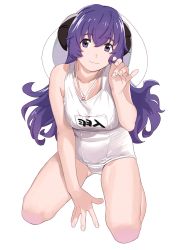 Rule 34 | 1girl, absurdres, bad id, bad twitter id, breasts, character name, collarbone, commentary request, full body, hanyuu, hat, highres, higurashi no naku koro ni, horns, long hair, medium breasts, name tag, ojipon, one-piece swimsuit, purple eyes, purple hair, school swimsuit, simple background, smile, solo, sun hat, swimsuit, white background, white one-piece swimsuit