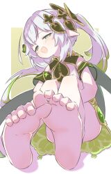 Rule 34 | 1girl, barefoot, border, convenient leg, detached sleeves, dress, feet, foot focus, foreshortening, full body, genshin impact, gold trim, green background, green dress, green eyes, green hair, grey hair, hair ornament, highres, hugging own legs, inaririn, knees up, long hair, looking at viewer, multicolored hair, nahida (genshin impact), on ground, open mouth, pointy ears, shadow, short sleeves, sitting, smug, soles, solo, streaked hair, symbol-shaped pupils, toe scrunch, toes, two-tone dress, very long hair, white border, white dress