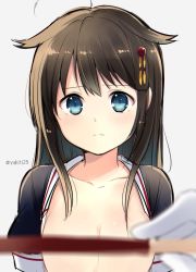 Rule 34 | 10s, 1girl, ahoge, alternate hairstyle, blue eyes, blurry, blush, breasts, brown hair, censored, collarbone, convenient censoring, depth of field, embarrassed, food, grey background, hair down, hair flaps, hair ornament, kantai collection, looking at viewer, open clothes, pocky, shigure (kancolle), shigure kai ni (kancolle), simple background, small breasts, solo, twitter username, upper body, yukichi (eikichi)