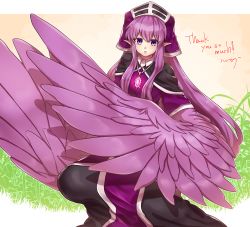 Rule 34 | 1girl, amulet, commission, feathers, grass, hamham 121, harpy, highres, long hair, marissa (amos defamos), monster girl, original, parted lips, pointy ears, purple eyes, purple feathers, purple hair, purple wings, sidelocks, skeb commission, solo, thank you, very long hair, winged arms, wings
