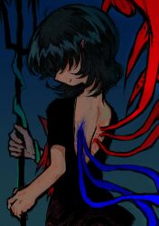 Rule 34 | 1girl, ahoge, asymmetrical wings, back cutout, bare back, black dress, black hair, blue background, blue wings, bow, clothing cutout, covered eyes, dade ne, dress, from behind, gradient background, hair over eyes, highres, holding, holding trident, holding weapon, houjuu nue, light smile, pointy ears, polearm, red bow, red wings, short sleeves, touhou, trident, weapon, wings